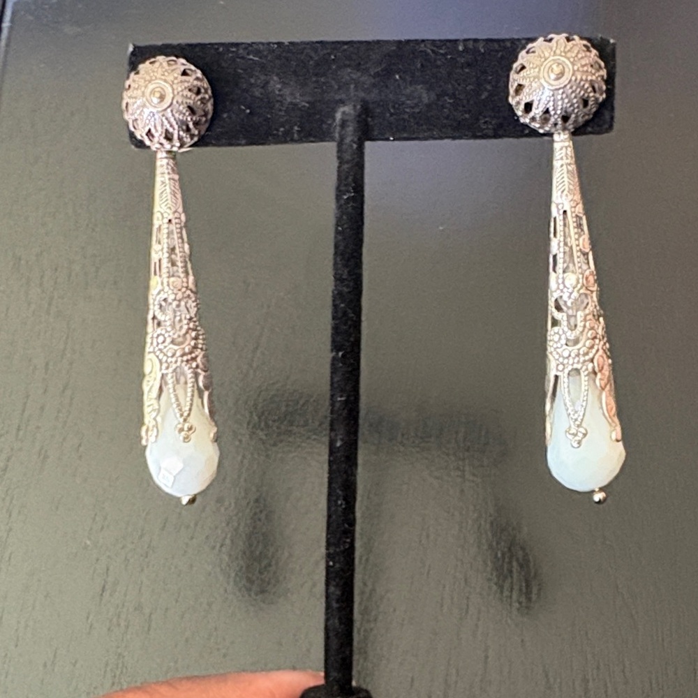 Elegant Victorian Filigree Silver & Stone Teardrop Pierced Earrings (2-3/8”)